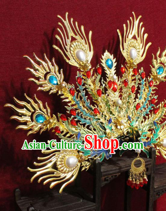 Traditional Chinese Handmade Cloisonne Phoenix Hair Crown Golden Hairpins Hair Accessories Headwear for Women