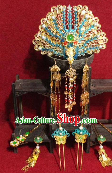 Traditional Chinese Ancient Queen Cloisonne Phoenix Coronet Handmade Hair Jewelry Tassel Hairpins Hair Accessories Complete Set