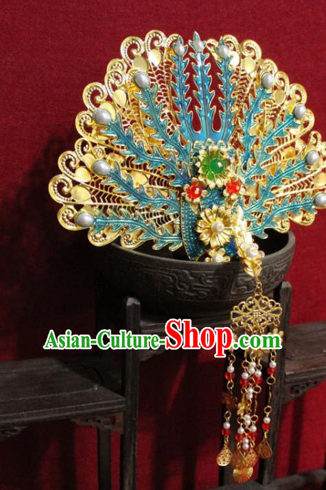 Traditional Chinese Handmade Cloisonne Phoenix Hair Crown Ancient Queen Golden Tassel Hairpins Hair Accessories Court Headwear for Women