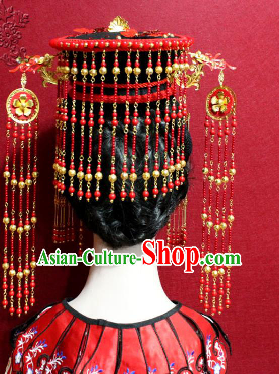 Traditional Chinese Ancient Imperial Consort Red Beads Tassel Phoenix Coronet Handmade Hair Jewelry Hairpins Hair Accessories Complete Set