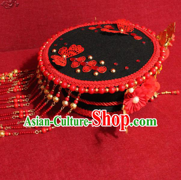 Traditional Chinese Handmade Red Peony Hat Ancient Qing Dynasty Imperial Consort Hair Accessories Headwear for Women