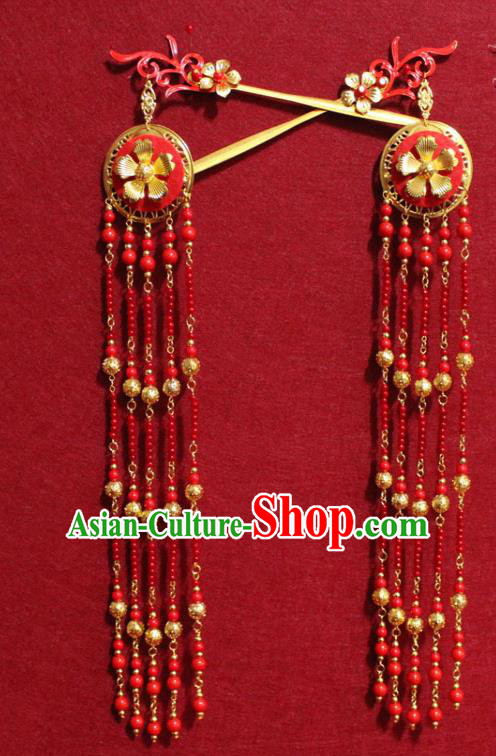 Traditional Chinese Handmade Hairpins Ancient Qing Dynasty Imperial Consort Hair Accessories Headwear Red Beads Tassel Hair Clips for Women