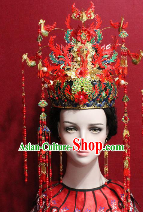 Traditional Chinese Ancient Imperial Consort Red Phoenix Coronet Handmade Hair Jewelry Hairpins Tassel Hair Accessories Complete Set