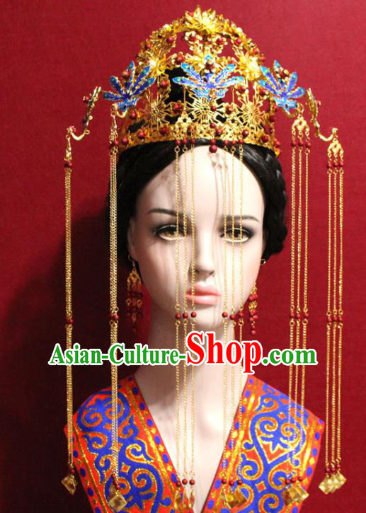 Traditional Chinese Ancient Queen Cloisonne Phoenix Coronet Handmade Hair Jewelry Hairpins Golden Tassel Hair Accessories Complete Set