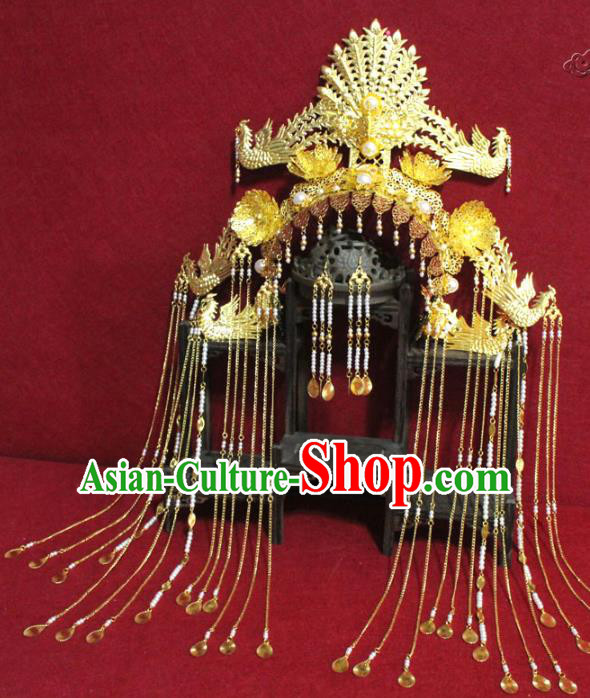 Traditional Chinese Ancient Queen Golden Flowers Phoenix Coronet Handmade Hair Jewelry Hairpins Tassel Hair Accessories Complete Set