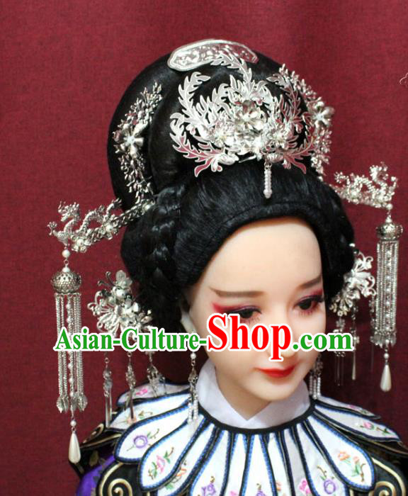 Traditional Chinese Ancient Queen Argent Phoenix Coronet Handmade Hair Jewelry Hairpins Dragon Tassel Hair Accessories Complete Set