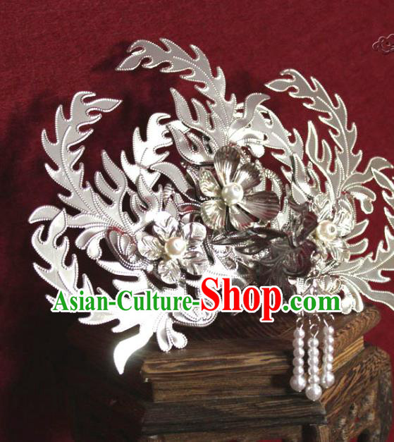 Traditional Chinese Handmade Argent Phoenix Hairpins Ancient Qing Dynasty Imperial Consort Hair Accessories Hair Comb for Women