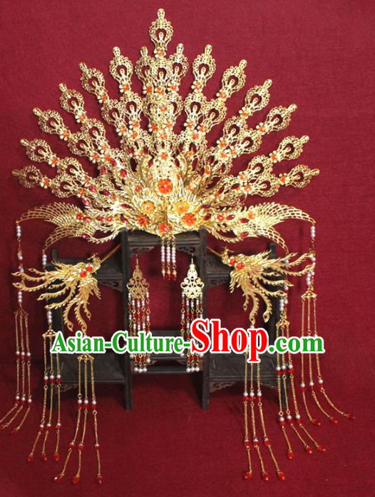 Chinese Ancient Queen Hair Jewelry Traditional Handmade Hairpins Hair Accessories Golden Phoenix Coronet Complete Set