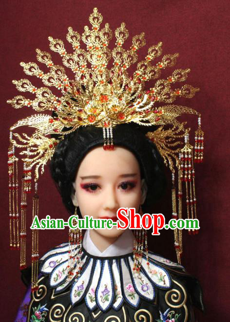 Chinese Ancient Queen Hair Jewelry Traditional Handmade Hairpins Hair Accessories Golden Phoenix Coronet Complete Set