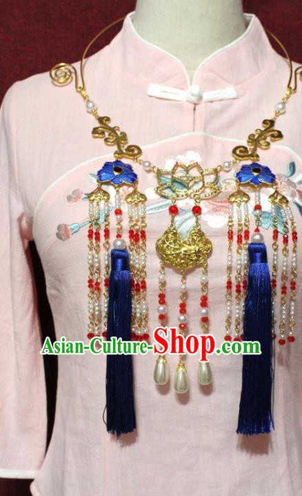 Traditional Chinese Ancient Princess Royalblue Tassel Necklace Handmade Jewelry Accessories Cloisonne Necklet for Women