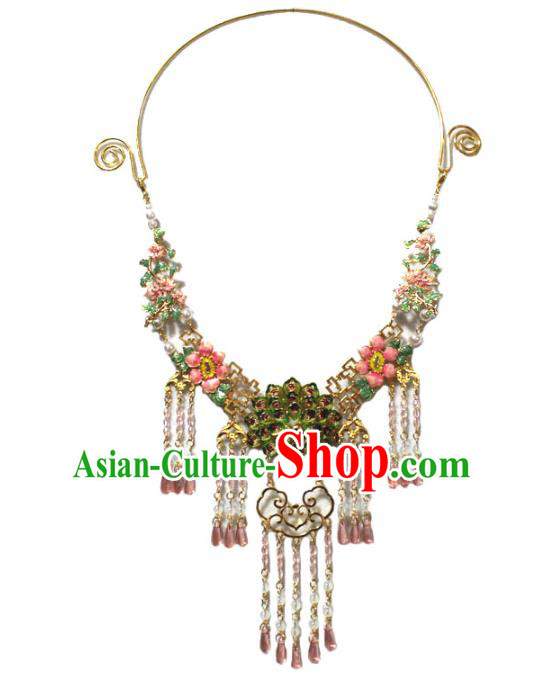 Traditional Chinese Ancient Princess Pink Beads Tassel Necklace Handmade Jewelry Accessories Cloisonne Peacock Necklet for Women