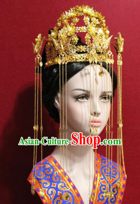 Traditional Chinese Ancient Queen Golden Tassel Phoenix Coronet Handmade Hair Jewelry Hairpins Hair Accessories Complete Set