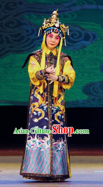 Chinese Beijing Opera Queen Mother Cixi Apparels Costumes and Headdress Xiang Jiuxiao Traditional Peking Opera Qing Dynasty Empress Dowager Dress Garment