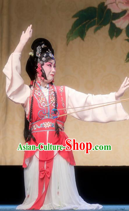 Chinese Sichuan Opera Maidservant Hong Niang Garment Costumes and Hair Accessories Kao Hong Traditional Peking Opera Young Lady Dress Xiaodan Apparels