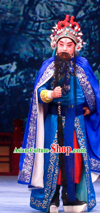 Shao Gu Ji Chinese Ping Opera General Zhu Huai Garment Costumes and Headwear Pingju Opera Elderly Minister Apparels Clothing