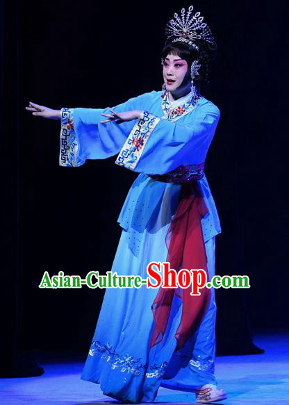 Chinese Beijing Opera Hua Tan Apparels Costumes and Headpieces Traditional Peking Opera Ma Zu Diva Lin Moniang Blue Dress Garment