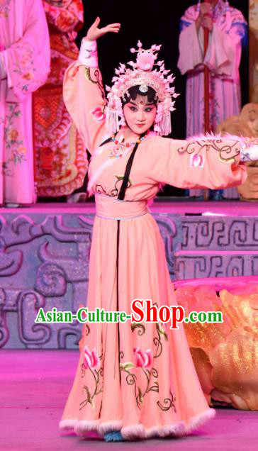 Chinese Sichuan Opera Young Lady Garment Costumes and Hair Accessories Qing Yun Palace Traditional Peking Opera Xiaodan Jin Yue E Orange Dress Apparels