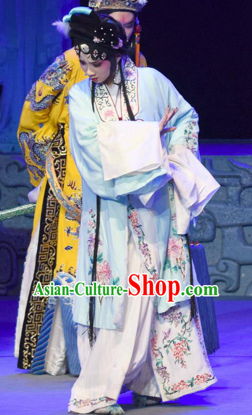Chinese Sichuan Opera Imperial Consort Garment Costumes and Hair Accessories Qing Yun Palace Traditional Peking Opera Young Lady Blue Dress Apparels