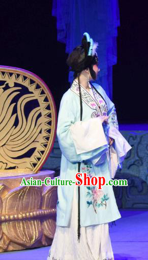 Chinese Sichuan Opera Imperial Consort Garment Costumes and Hair Accessories Qing Yun Palace Traditional Peking Opera Young Lady Blue Dress Apparels