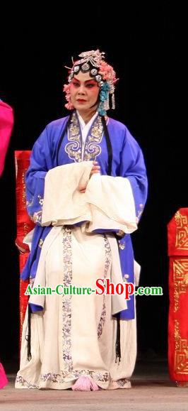 Chinese Sichuan Opera Rich Consort Garment Costumes and Hair Accessories Yu He Qiao Traditional Peking Opera Dame Blue Dress Apparels