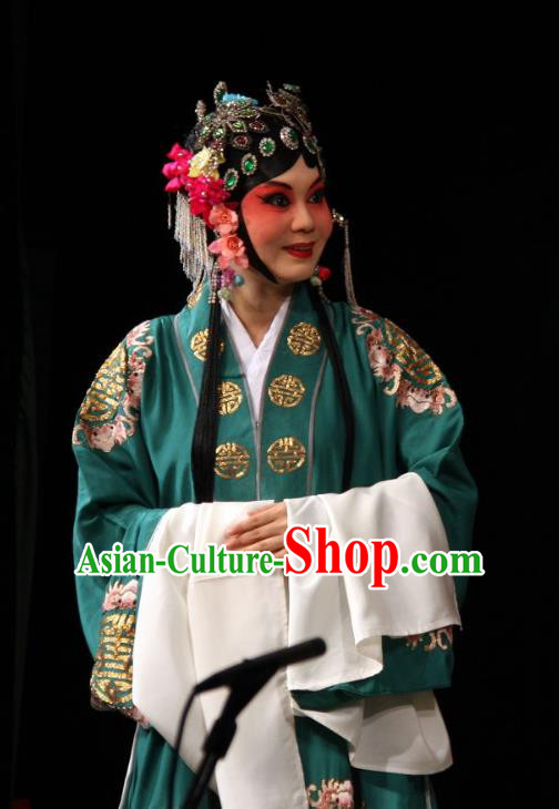 Chinese Sichuan Opera Elderly Female Garment Costumes and Hair Accessories Yu He Qiao Traditional Peking Opera Dame Green Dress Consort Apparels
