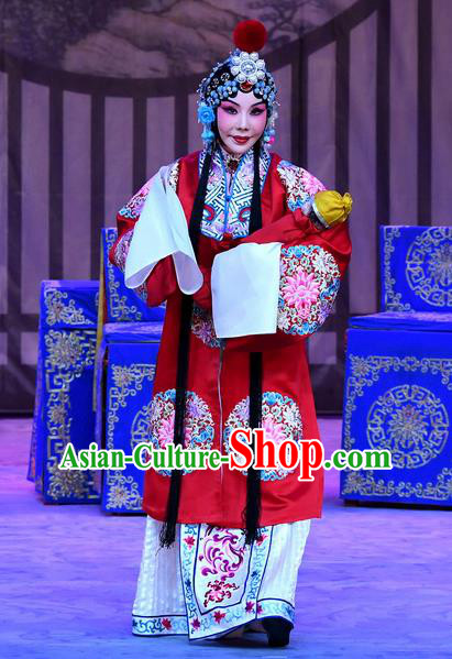 Chinese Beijing Opera Hua Tan Red Apparels Costumes and Headpieces Traditional Peking Opera Mrs Anguo Actress Liang Hongyu Dress Garment