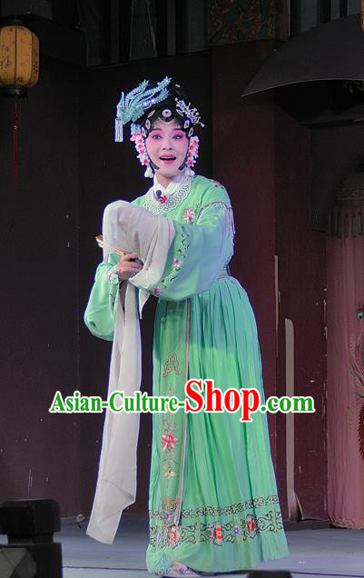 Chinese Sichuan Opera Diva Wang Ruilan Garment Costumes and Hair Accessories Shuang Bai Yue Traditional Peking Opera Actress Green Dress Hua Tan Apparels