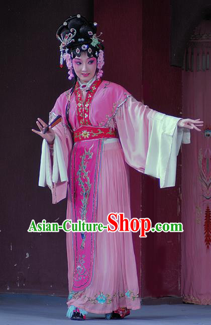 Chinese Sichuan Opera Actress Jiang Ruilian Garment Costumes and Hair Accessories Shuang Bai Yue Traditional Peking Opera Actress Pink Dress Hua Tan Apparels