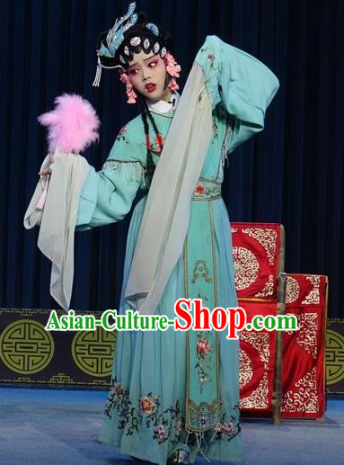 Chinese Sichuan Opera Young Lady Wang Ruilan Garment Costumes and Hair Accessories Shuang Bai Yue Traditional Peking Opera Hua Tan Green Dress Diva Apparels