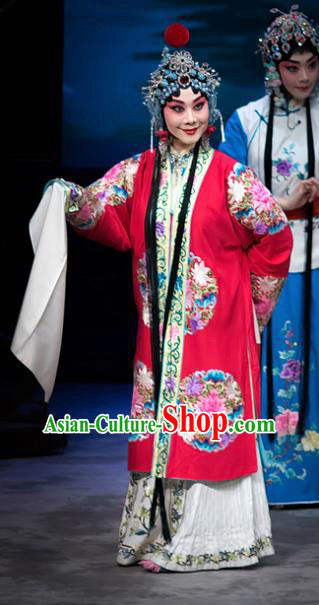 Chinese Beijing Opera Diva Liang Hongyu Apparels Costumes and Headpieces Traditional Peking Opera Mrs Anguo Hua Tan Red Dress Garment