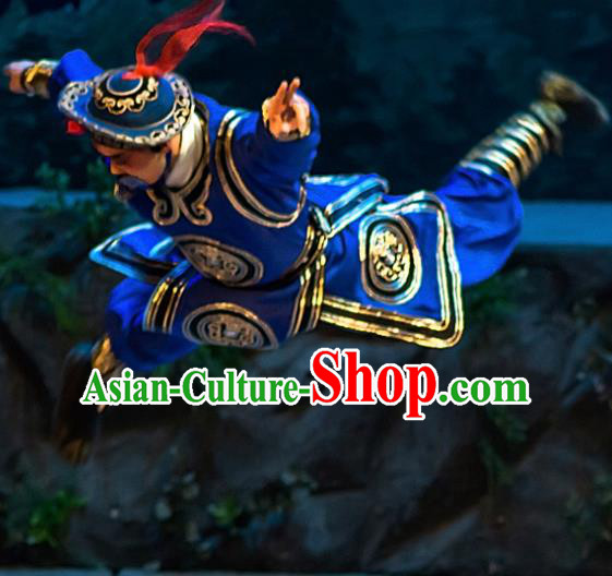 Mrs Anguo Chinese Peking Opera Wusheng Blue Garment Costumes and Headwear Beijing Opera Martial Male Apparels Takefu Clothing