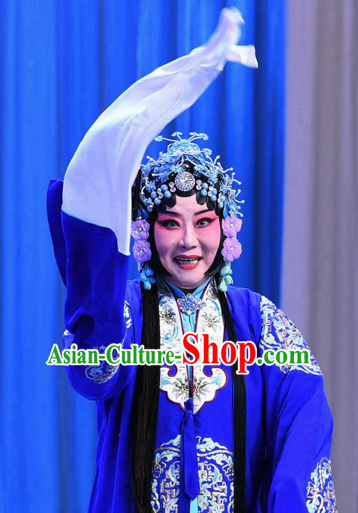 Chinese Beijing Opera Young Female Apparels Costumes and Headpieces Traditional Peking Opera Yu Bei Pavilion Diva Meng Yuehua Blue Dress Garment