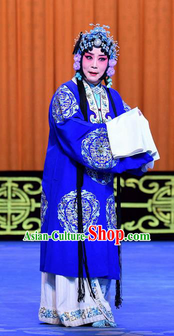 Chinese Beijing Opera Young Female Apparels Costumes and Headpieces Traditional Peking Opera Yu Bei Pavilion Diva Meng Yuehua Blue Dress Garment