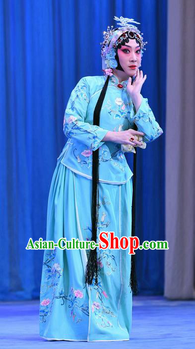 Chinese Beijing Opera Young Beauty Wang Shuying Apparels Costumes and Headpieces Traditional Peking Opera Yu Bei Pavilion Xiaodan Blue Dress Garment