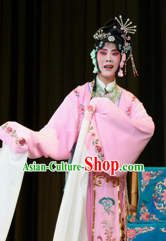 Chinese Sichuan Opera Hua Tan Zhu Yingtai Garment Costumes and Hair Accessories Fang You Traditional Peking Opera Actress Pink Dress Young Lady Apparels
