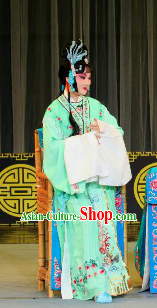 Chinese Sichuan Opera Diva Garment Costumes and Hair Accessories Fang You Traditional Peking Opera Hua Tan Green Dress Actress Apparels