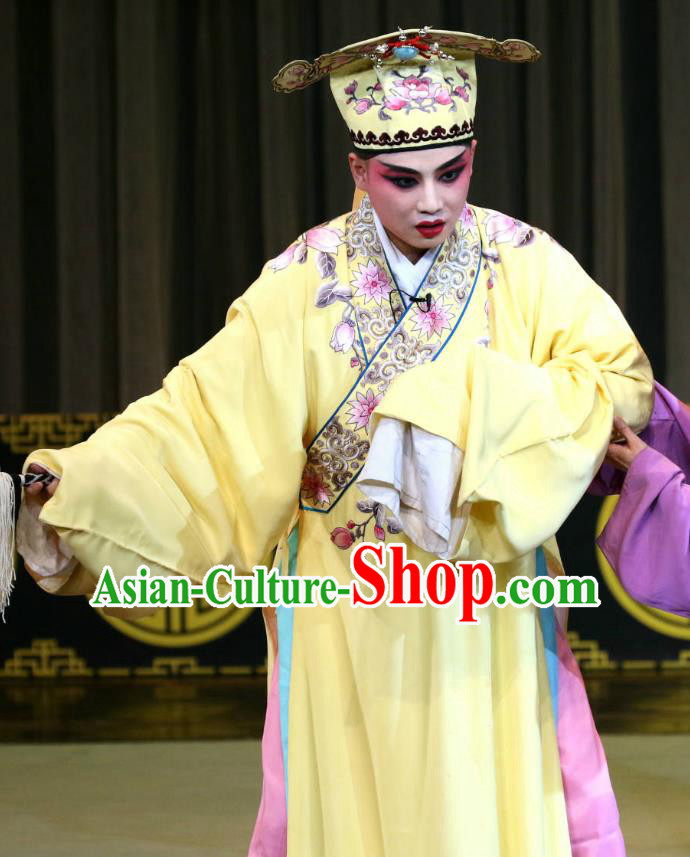 Fang You Chinese Sichuan Opera Xiaosheng Apparels Costumes and Headpieces Peking Opera Scholar Liang Shanbo Garment Niche Yellow Clothing