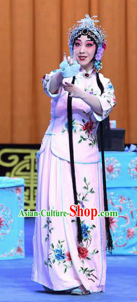 Chinese Beijing Opera Xiaodan Apparels Costumes and Headpieces Traditional Peking Opera Yu Bei Pavilion Young Lady Wang Shuying Pink Dress Garment