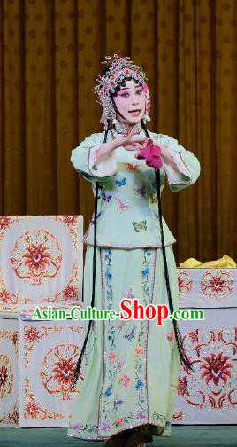 Chinese Beijing Opera Young Lady Apparels Costumes and Headpieces Traditional Peking Opera Yu Bei Pavilion Xiaodan Wang Shuying Green Dress Garment
