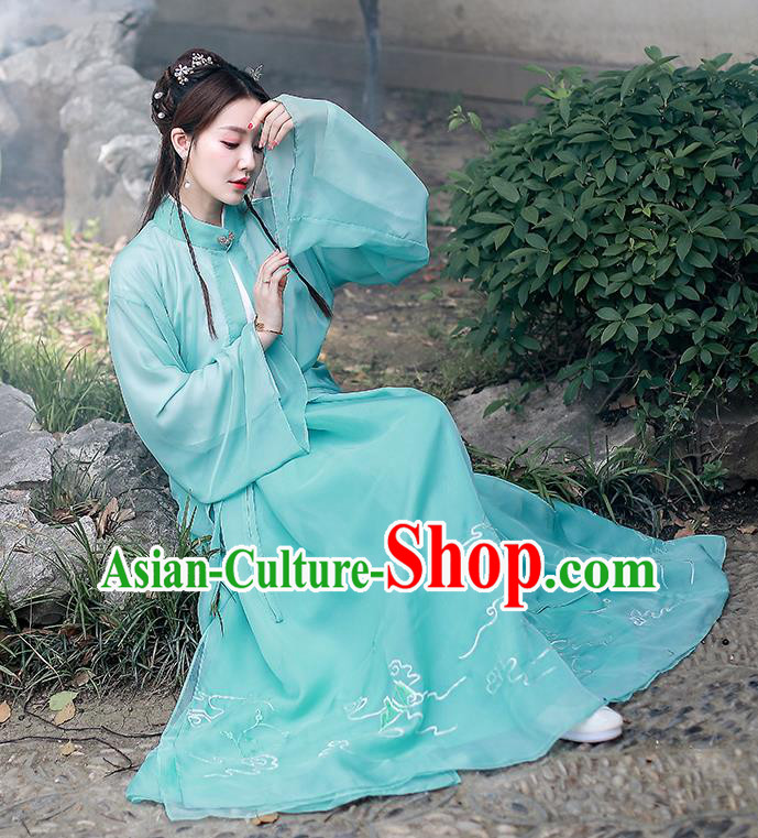 Chinese Ming Dynasty Historical Costumes Traditional Apparels Ancient Patrician Lady Green Hanfu Dress for Women