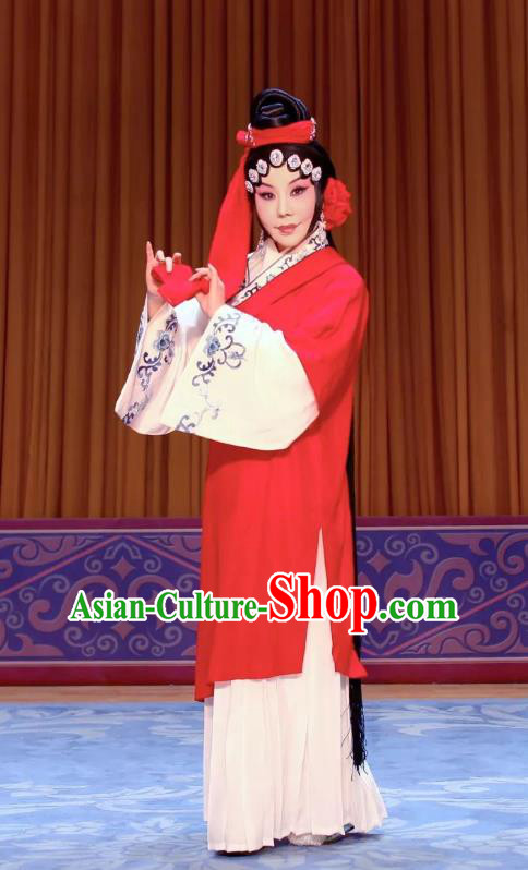 Chinese Beijing Opera Young Woman Zhu Lianxiu Apparels Costumes and Headdress Traditional Peking Opera Female Prisoner Red Dress Garment