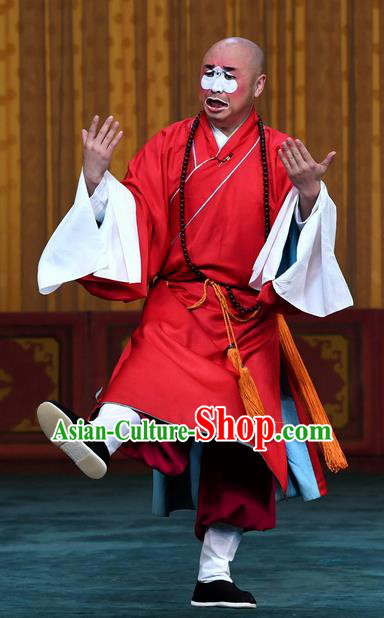 Xiangmei Temple Chinese Peking Opera Monk Liao Kong Garment Costumes Beijing Opera Chou Role Apparels Clown Red Frock Clothing