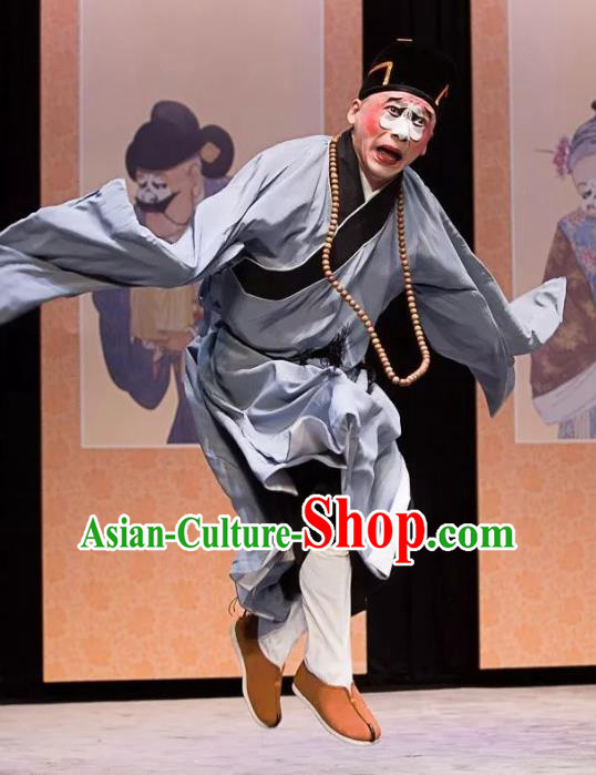 Xiangmei Temple Chinese Peking Opera Monk Liao Kong Grey Frock Garment Costumes and Headwear Beijing Opera Chou Role Apparels Clown Clothing