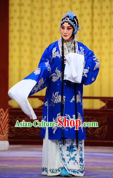 Chinese Beijing Opera Hua Tan Blue Apparels Costumes and Headpieces Hong Zong Lie Ma Traditional Peking Opera Diva Wang Baochuan Dress Garment