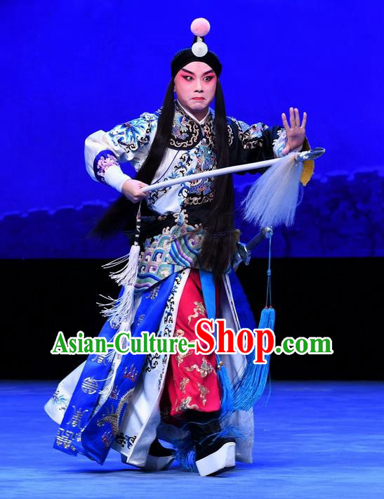 Luo Cheng Chinese Peking Opera Swordsman Garment Costumes and Headwear Beijing Opera Martial Male Apparels Takefu Clothing