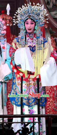 Chinese Beijing Opera Princess Daizhan Apparels Costumes and Headdress Hong Zong Lie Ma Traditional Peking Opera Hua Tan Dress Garment