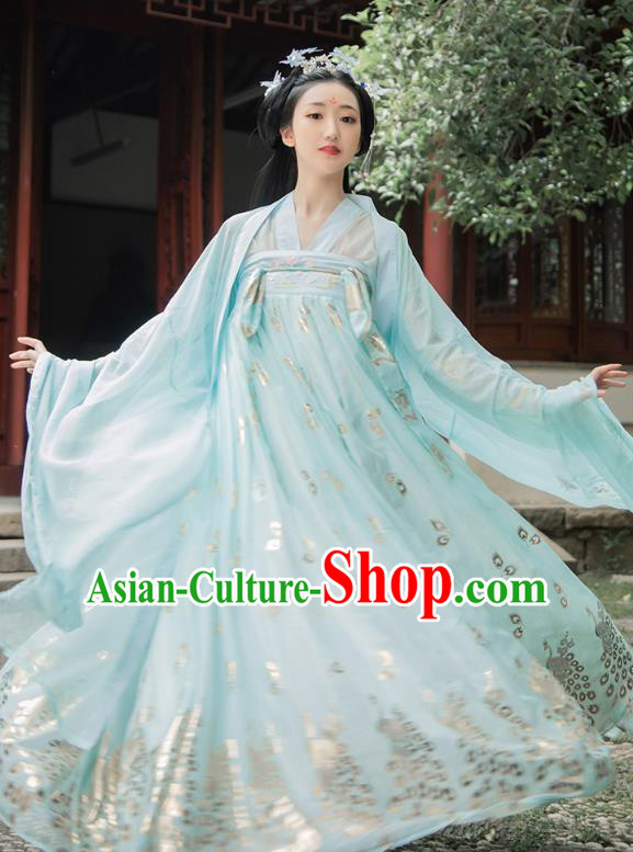 Chinese Tang Dynasty Palace Princess Historical Costumes Traditional Court Lady Apparels Ancient Noble Woman Blue Hanfu Dress