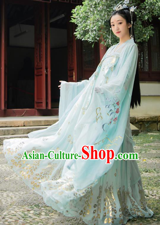 Chinese Tang Dynasty Palace Princess Historical Costumes Traditional Court Lady Apparels Ancient Noble Woman Blue Hanfu Dress