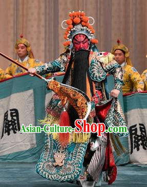 Changban Po Hanjin Kou Chinese Peking Opera General Guan Yu Armor Garment Costumes and Headwear Beijing Opera Wusheng Apparels Clothing