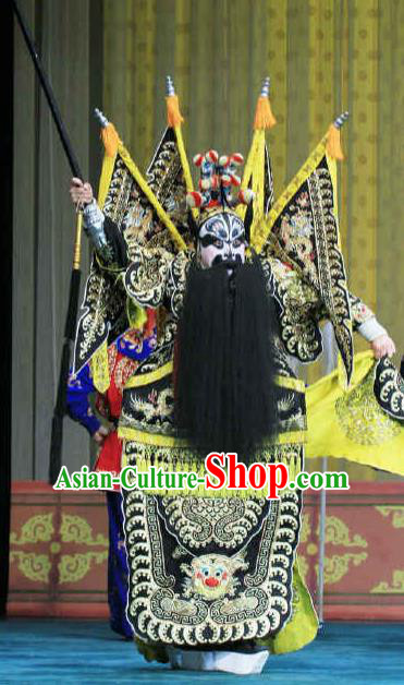 Changban Po Hanjin Kou Chinese Peking Opera General Zhang Fei Kao Armor Suit with Flags Garment Costumes and Headwear Beijing Opera Military Officer Apparels Clothing